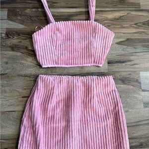 Elegant Pink Ribbed Short Skirt Set
